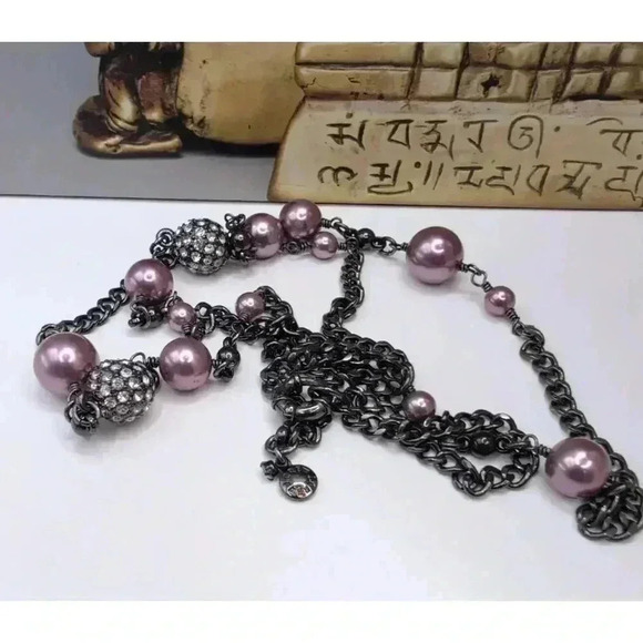 J.Crew Gunmetal Purple Crystal Studded Beads Metal Chain Necklace One Size - Picture 2 of 3